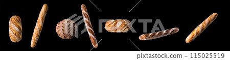 Set of fresh baked bread and French rye baguette isolated on black background Set of fresh baked bread and French rye baguette isolated on black background 115025519