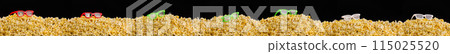 Cinema glasses installed on scattered popcorn isolated on black background Cinema glasses installed on scattered popcorn isolated on black background 115025520