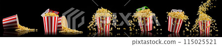 Flying popcorn from striped bucket isolated and 3d glasses on black background Flying popcorn from striped bucket isolated and 3d glasses on black background 115025521