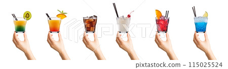 Woman hand holding cocktail glass with ice cubes on white background. Woman hand holding cocktail glass with ice cubes on white background. 115025524