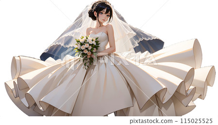 A dark-haired woman in a white wedding dress holding a bouquet. 115025525