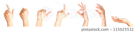 Set of woman hands showing different gestures, pointing and showing signs 115025532
