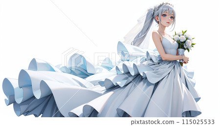 A silver-haired woman in a white wedding dress holding a bouquet. White background. A silver-haired woman in a white wedding dress holding a bouquet. White background. 115025533
