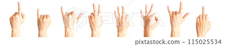 Set of woman hands showing different gestures, pointing and showing signs 115025534