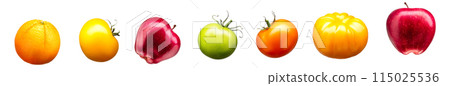 Set of tomatoes. oranges and apples isolated on white background 115025536