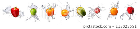 Group of fruits with water splash isolated on white background 115025551