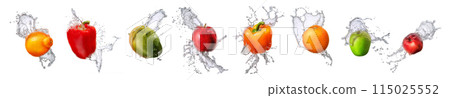 Group of fruits with water splash isolated on white background Group of fruits with water splash isolated on white background 115025552