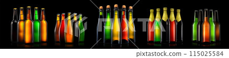 Set of beer, wine and champagne bottles isolated on black background Set of beer, wine and champagne bottles isolated on black background 115025584