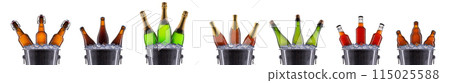 Metal champagne ice buckets with set of beer isolated on a white background Metal champagne ice buckets with set of beer isolated on a white background 115025588