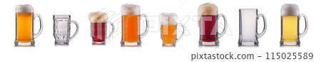 Set of glasses of beer isolated on a white background 115025589