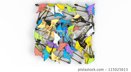 Heap of electric guitars isolated on white background. 115025613