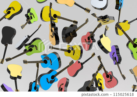 Many of flying acoustic guitars isolated on white background. Many of flying acoustic guitars isolated on white background. 115025618