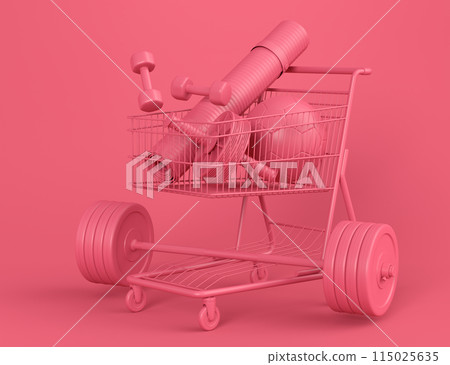 Sport equipment for fitness, gym in shopping cart on monochrome 115025635