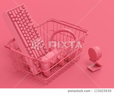 Gamer gears like mouse, keyboard, joystick, headset, VR in metal wire basket 115025639