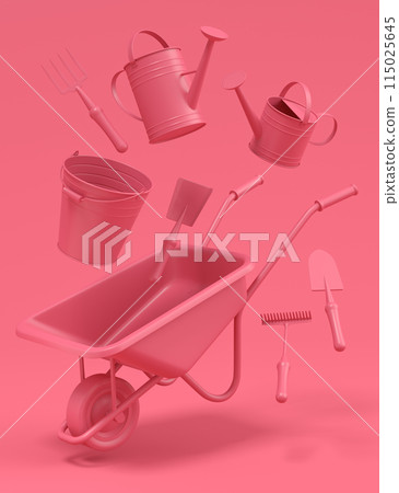 Garden wheelbarrow with garden tools like shovel, rake and fork on monochrome 115025645