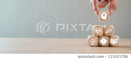 Problem solving concept, Hand holding wooden block on desk with Problem solving icon on virtual screen, analysis, critical thinking, creativity, risk, research. Problem solving concept, Hand holding wooden block on desk with Problem solving icon on virtual screen, analysis, critical thinking, creativity, risk, research. 115025706