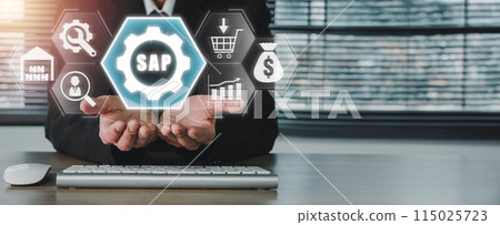 SAP, System Software Automation concept, Businessman hand holding SAP icon on virtual screen, Business process automation software and management software 115025723