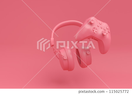 Flying gamer gears like headphones and joystick on monochrome background Flying gamer gears like headphones and joystick on monochrome background 115025772