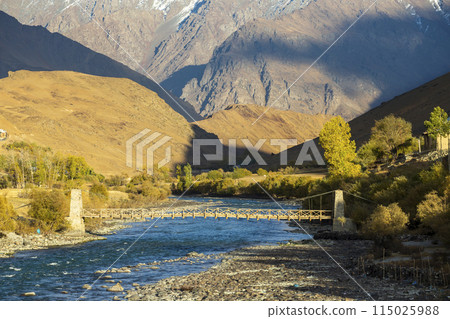 A Suspension Bridge Over Dras River In Drass Town Of Leh Ladakh, India. 115025988