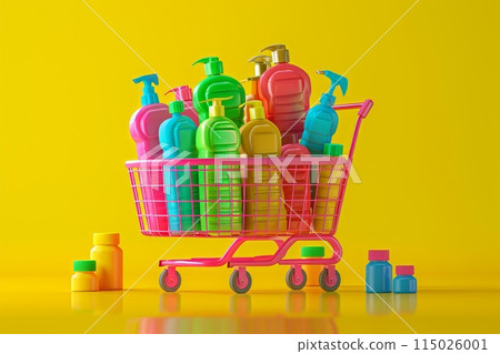 A shopping cart full of cleaning supplies is on a yellow background with Generative AI A shopping cart full of cleaning supplies is on a yellow background with Generative AI 115026001