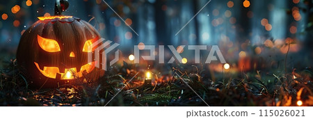 Halloween Pumpkin Head with Carved Scary Smiling Face at Night Outside. Jack-O-Lantern, Burning Candles Outdoor. Halloween Dark Composition Backyard Decor. Pumpkins Black Background. All Saints Day Halloween Pumpkin Head with Carved Scary Smiling Face at Night Outside. Jack-O-Lantern, Burning Candles Outdoor. Halloween Dark Composition Backyard Decor. Pumpkins Black Background. All Saints Day 115026021