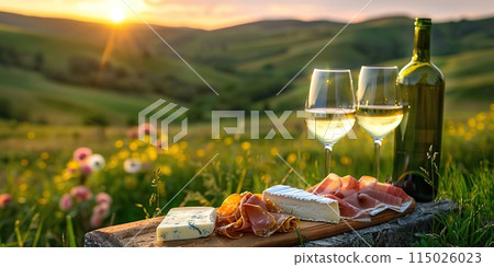 Beautiful served romantic picnic at summer sunset meadow. Green valley hills view. Provence. Still life. Bottle of white wine, two wine glasses, cheese, prosciutto. Rural countryside winemaking region 115026023