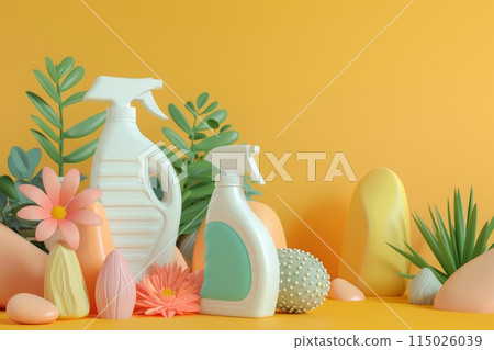 A bottle of spray is sitting on a rock next to some flowers with Generative AI 115026039