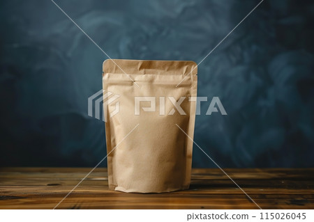 Mock up of one brown paper zip bag on wood desk, dark blue wall background. For your design, presentation, promo, logo. Blank empty ziplock bag, space for brand name. Empty packaging, clipping path 115026045