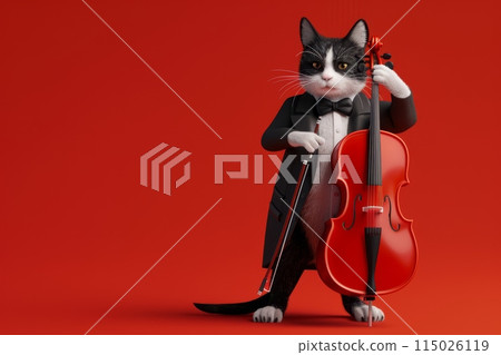 A cat dressed in a suit and tie is playing a cello with Generative AI 115026119