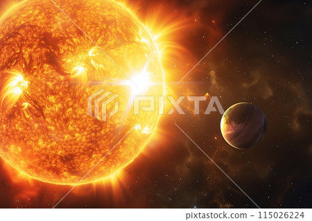 Bright sun against dark starry sky in Solar System. Sun in Space. Solar Surface Activity, Corona. Heatwave hot sun. Climate Change. Global Warming. Temperature of Summer season. Geomagnetic storm 115026224