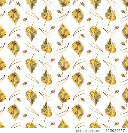 Yellow autumn birch leaves with pine needles. Watercolor illustration hand drawn. Forest seamless pattern on a white background Yellow autumn birch leaves with pine needles. Watercolor illustration hand drawn. Forest seamless pattern on a white background 115026357
