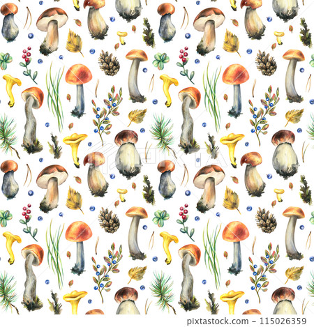Forest edible mushrooms boletus and chanterelles with blueberries, lingonberries, autumn leaves and twigs. Watercolor illustration, hand drawn. Seamless pattern on a white background Forest edible mushrooms boletus and chanterelles with blueberries, lingonberries, autumn leaves and twigs. Watercolor illustration, hand drawn. Seamless pattern on a white background 115026359
