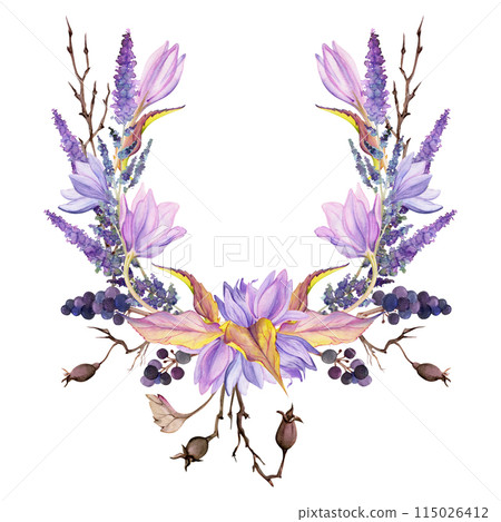 Hand drawn watercolor illustration shabby boho botanical flowers leaves. Crocus saffron rose hip veronica lavender berries. Wreath frame isolated on white background. Design wedding, gift love cards Hand drawn watercolor illustration shabby boho botanical flowers leaves. Crocus saffron rose hip veronica lavender berries. Wreath frame isolated on white background. Design wedding, gift love cards 115026412
