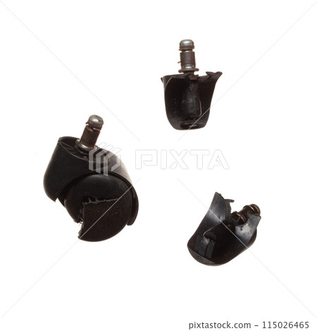 Office rolling desk chair wheel broken, wheels of office chair brake into piece from weight or hit. Spare parts of office wheel roller chairs on white background isolated 115026465