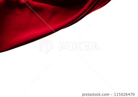 Red curtain fabric flying in curve shape, Piece of textile red curtain fabric throw fall in air. White background isolated, dark shading environment 115026470