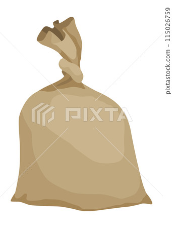Burlap farmer bag with flour, rice or salt. Agricultural product. Farm production in brown textile bale, closed sack with product inside. Cartoon vector icon 115026759
