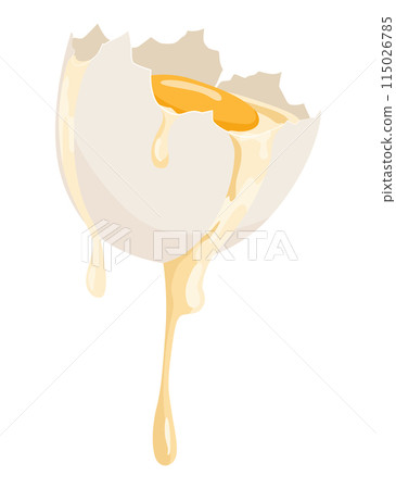 Cracked egg with yolk. Baking or cooking ingredient. Eggshell and protein. Healthy organic food. Diet with raw and broken product. Vector cartoon food 115026785