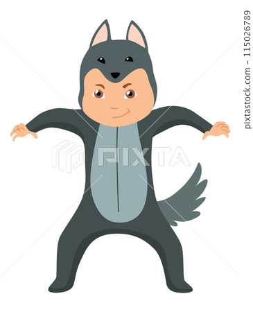 Children animal costume. Colorful animal wearing suit for party wolf. Isolated flat vector design 115026789