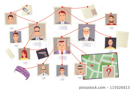 Detective board. Crime accident investigation or evidence board. Cops crime investigation plan, board with pinned photos. Vector cartoon illustration isolated on white background Detective board. Crime accident investigation or evidence board. Cops crime investigation plan, board with pinned photos. Vector cartoon illustration isolated on white background 115026813