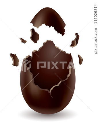 Chocolate egg. Broken, exploded eggshell. Kids confectionery, candy with surprise. Restaurant, cafe menu design. Vector dessert made of dark cocoa 115026814