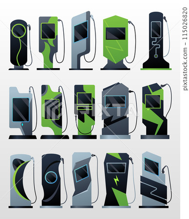 Car charger icons set. Electromobile charging station, alternative fuel. Ev electric, clean energy of the future. Vector illustration in flat style, modern design Car charger icons set. Electromobile charging station, alternative fuel. Ev electric, clean energy of the future. Vector illustration in flat style, modern design 115026820