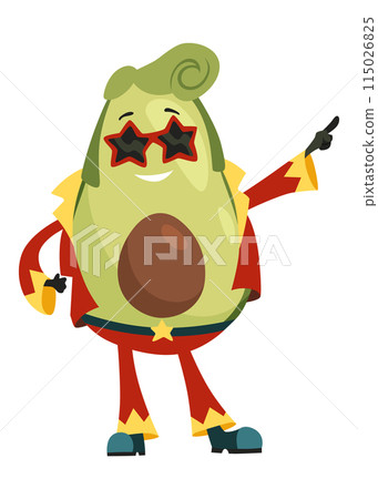 Avocado character with happy emotions. Cheerful vegetable person. Avocado super hero funny cartoon character. Vector flat illustration 115026825