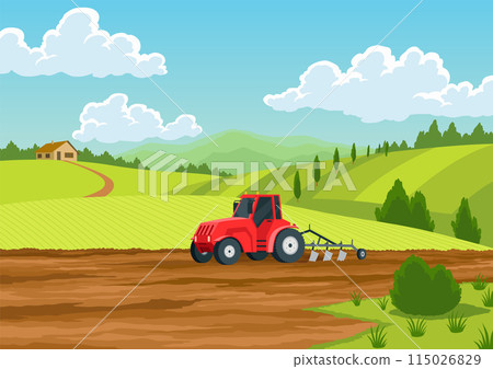 Agriculture farming landscape. Countryside land. Tractor plowing the field on rural landscape background. Farm life, soil cultivation process. Vector cartoon illustration Agriculture farming landscape. Countryside land. Tractor plowing the field on rural landscape background. Farm life, soil cultivation process. Vector cartoon illustration 115026829