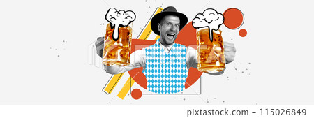 Extremely happy, smiling man with two mugs of foamy lager beer on abstract colorful background. Contemporary art collage. Extremely happy, smiling man with two mugs of foamy lager beer on abstract colorful background. Contemporary art collage. 115026849