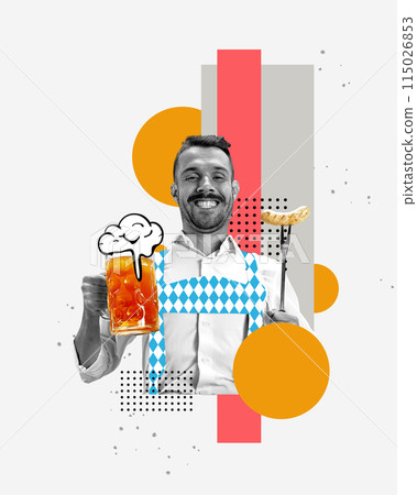 Happy smiling man enjoying lager foamy beer and grilled sausage on abstract colorful background. Contemporary art collage. Happy smiling man enjoying lager foamy beer and grilled sausage on abstract colorful background. Contemporary art collage. 115026853