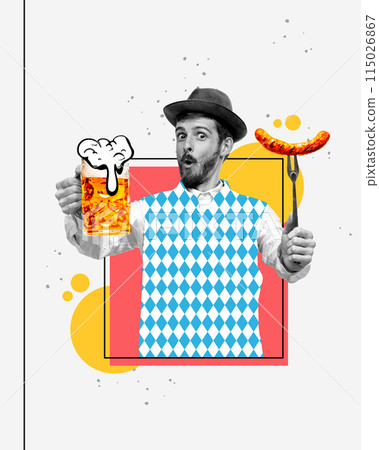 Perfect match. Young guy holding mug with foamy lager beer and grilled sausage as appetizer. Abstract background. Contemporary art collage. Perfect match. Young guy holding mug with foamy lager beer and grilled sausage as appetizer. Abstract background. Contemporary art collage. 115026867