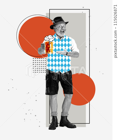 Happy senior man in traditional Bavarian clothes serving mug with lager foamy beer on abstract background. Contemporary art collage. 115026871