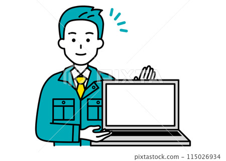 A male worker showing a laptop screen 115026934