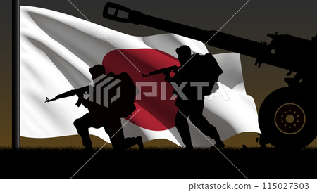 Silhouette of two soldiers and a war cannon, with the Japanese flag in the background 115027303