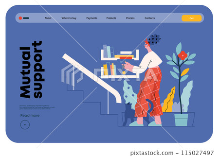 Mutual Support: Book Swap -modern flat vector concept illustration of a woman leaving books on a shelf in hallway for neighbors A metaphor of voluntary, collaborative exchanges of resource, services 115027497